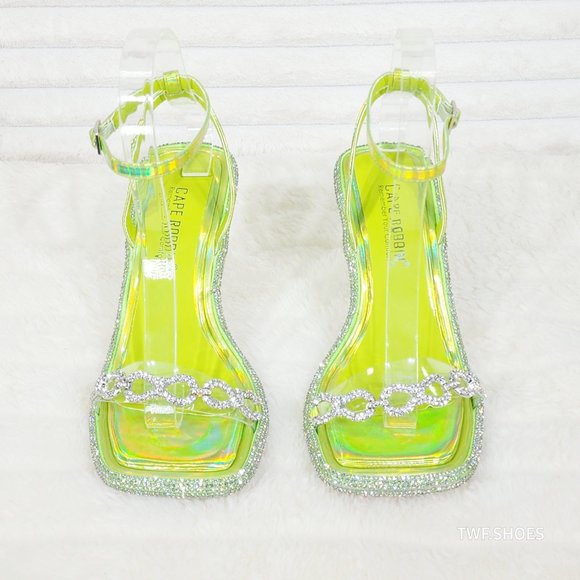 Mini .5" Rhinestone Platform Lime Green Hologram Upper Wrap Strap Heels Baily - Picture 6 of 17